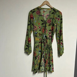 Loft Green Floral Mini Wrap Dress Women’s Size 2 Green Cottagecore Colorful FLAW